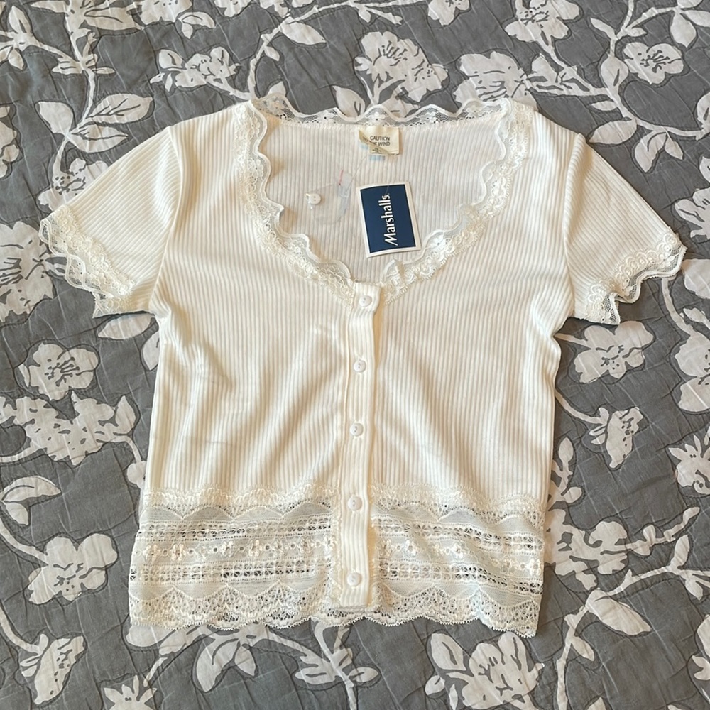 White lace button up crop top